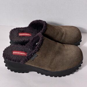 Vtg UnionBay Chunky Platform Clogs Sz 8 90s Y2K Brown Suede Sherpa Lined Surge